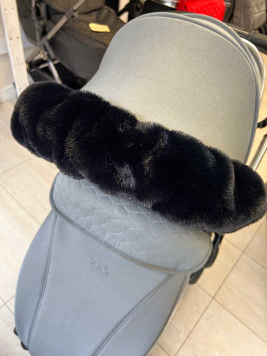 Ink Black Fluffy Pram Hood Fur
