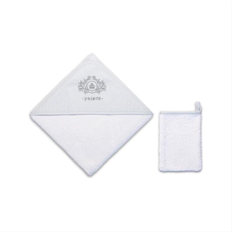 Funna Baby Prince Blue & White Hooded Bath Towel and Hand Mitt